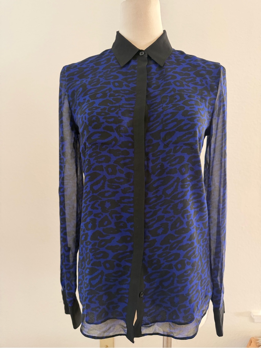 Armani Exchange Royal Blue Black Leopard Print Buttons Down Shirt Blouse Top